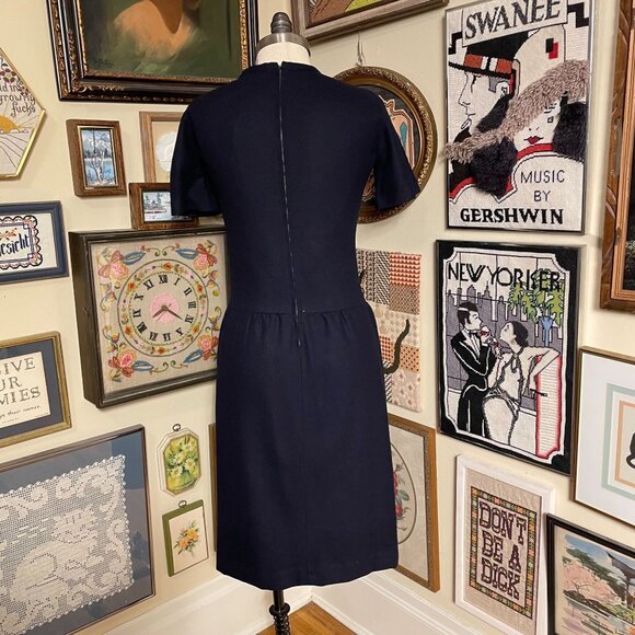 60s Vintage Blue Wool Short Sleeve Mod Style Dress With Drop Waist Size L - Picture 5 of 5